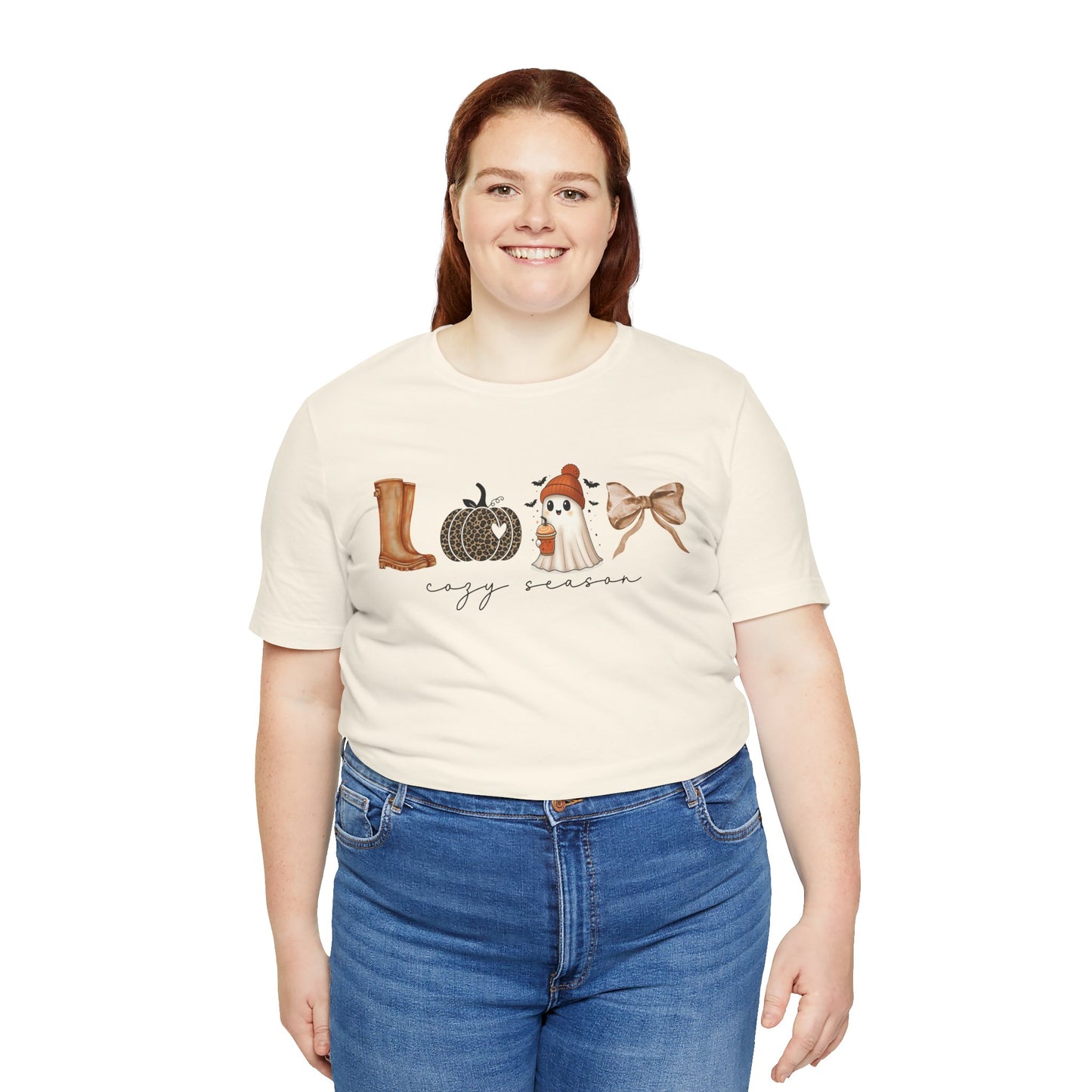'Cozy Season' Autumn Vibes Tee, Fall Shirt, Cozy Season Top, Pumpkin, Ghost, Boots, Bow, Halloween Casual Wear