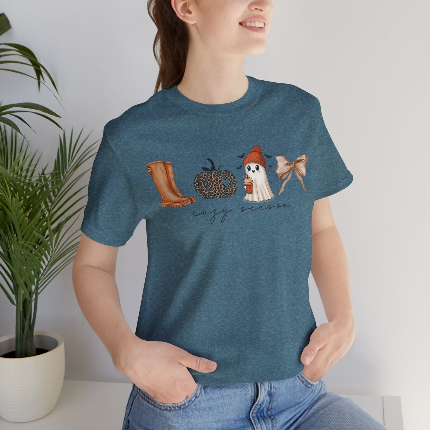 'Cozy Season' Autumn Vibes Tee, Fall Shirt, Cozy Season Top, Pumpkin, Ghost, Boots, Bow, Halloween Casual Wear