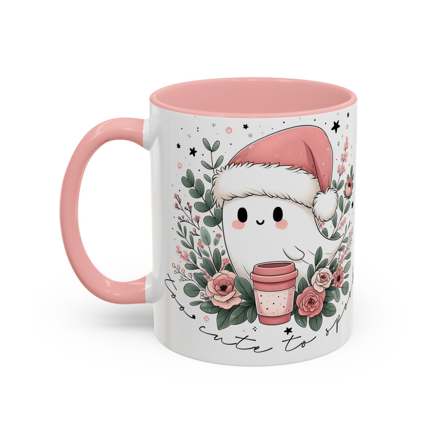 Too Cute to Spook Mug | Ghost with Pink Santa Hat & Coffee | Pastel Christmas Holiday Mug