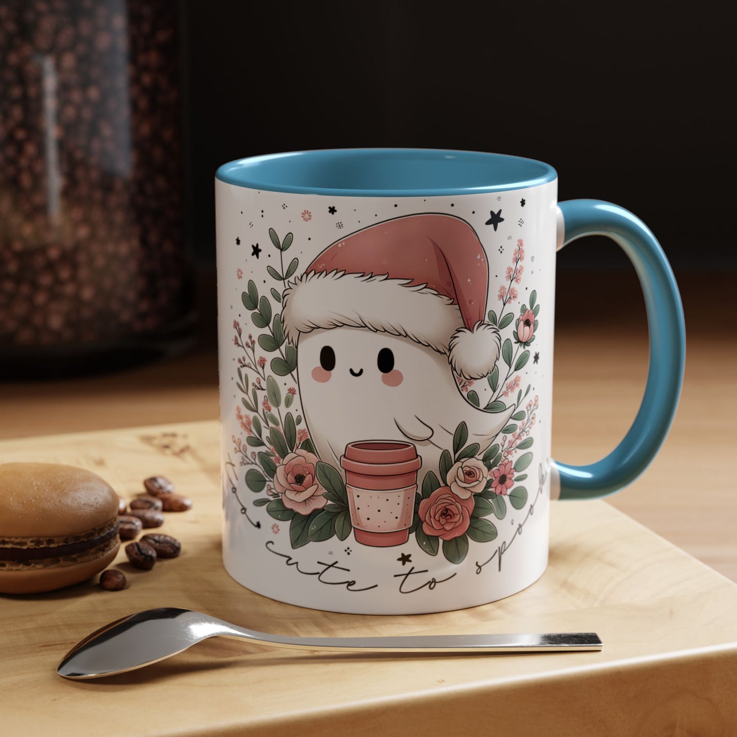 Too Cute to Spook Mug | Ghost with Pink Santa Hat & Coffee | Pastel Christmas Holiday Mug