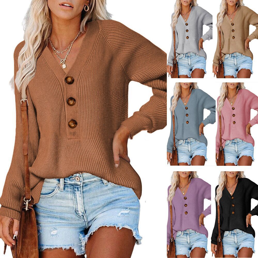Knitted V-Neck Button Sweater