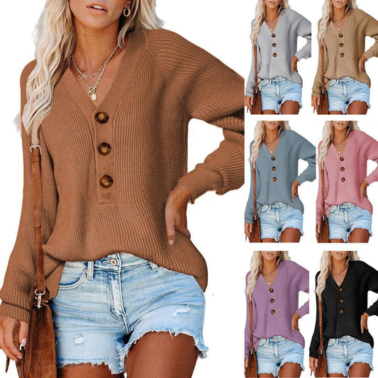 Knitted V-Neck Button Sweater