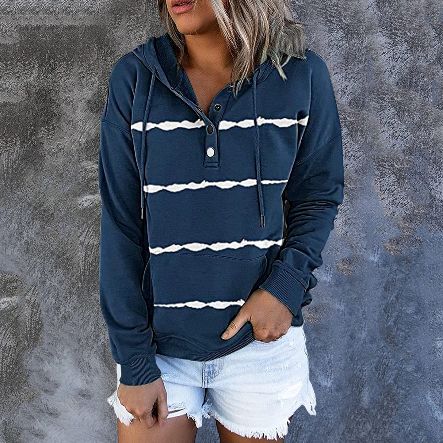 Striped Tie Dye or Color Block Pullover Hoodie with a Buttoned Neckline