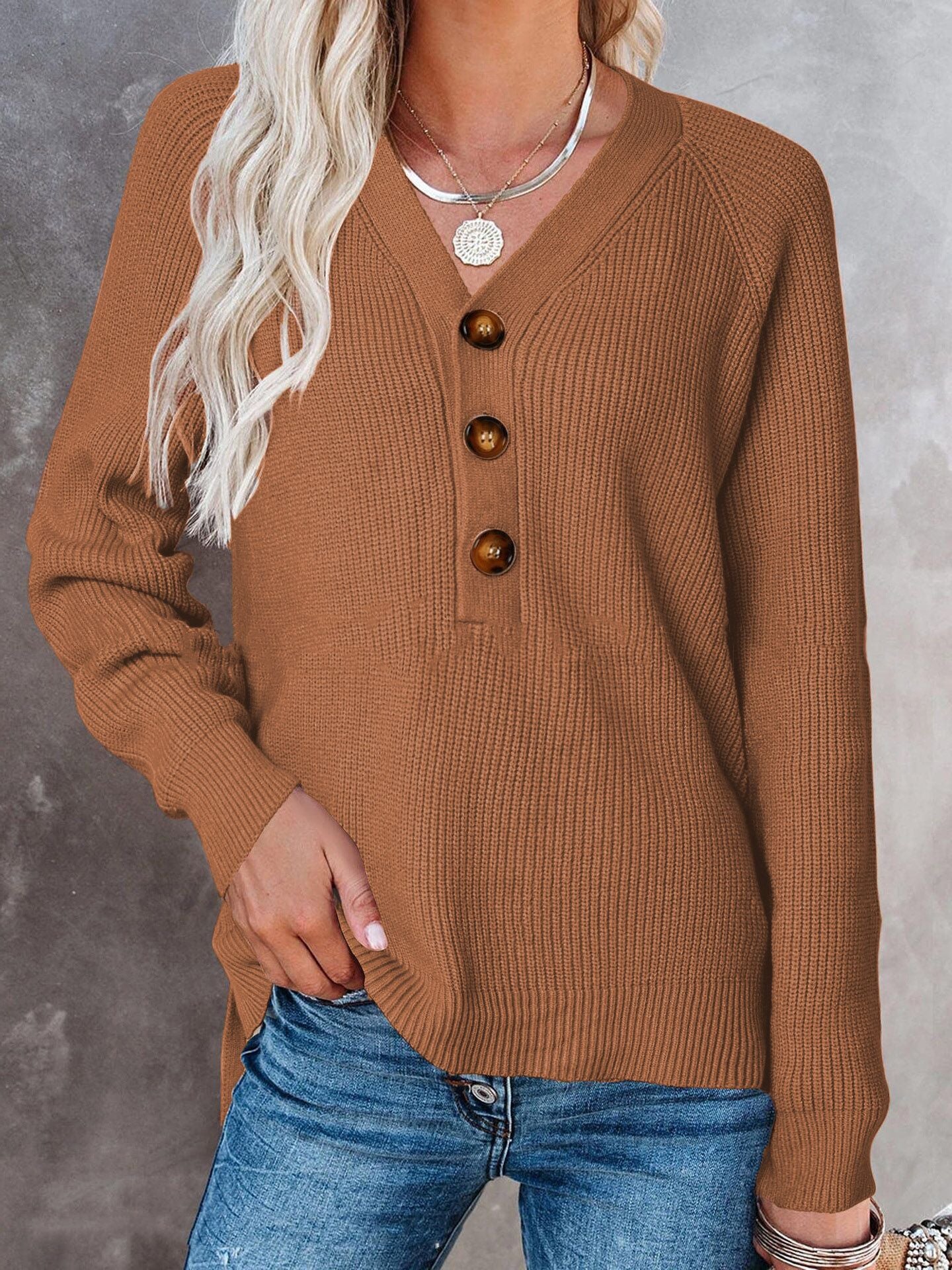 Knitted V-Neck Button Sweater