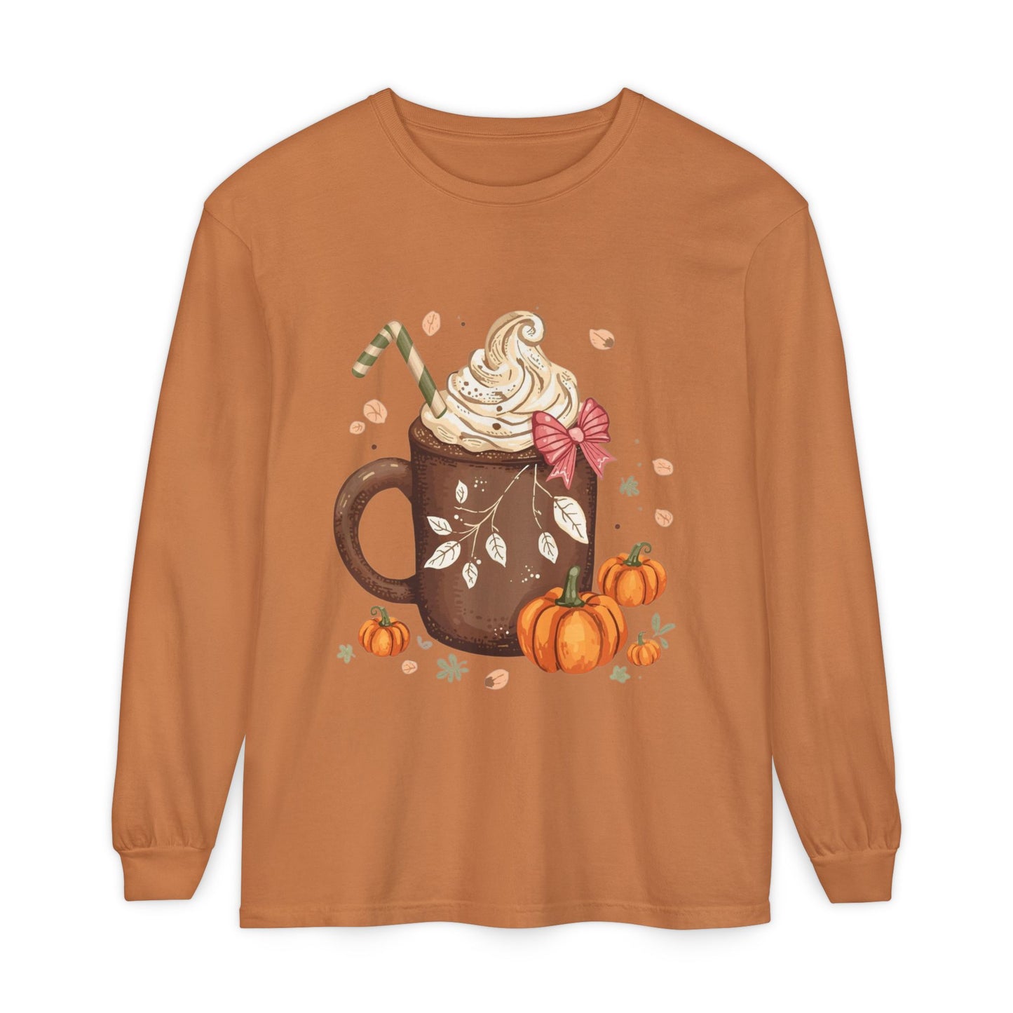 Cute Fall Pumpkin Spice Long Sleeve T-Shirt, Pumpkin Coffee Tee, Autumn Fashion, Cozy Gift for her, Thanksgiving Shirt