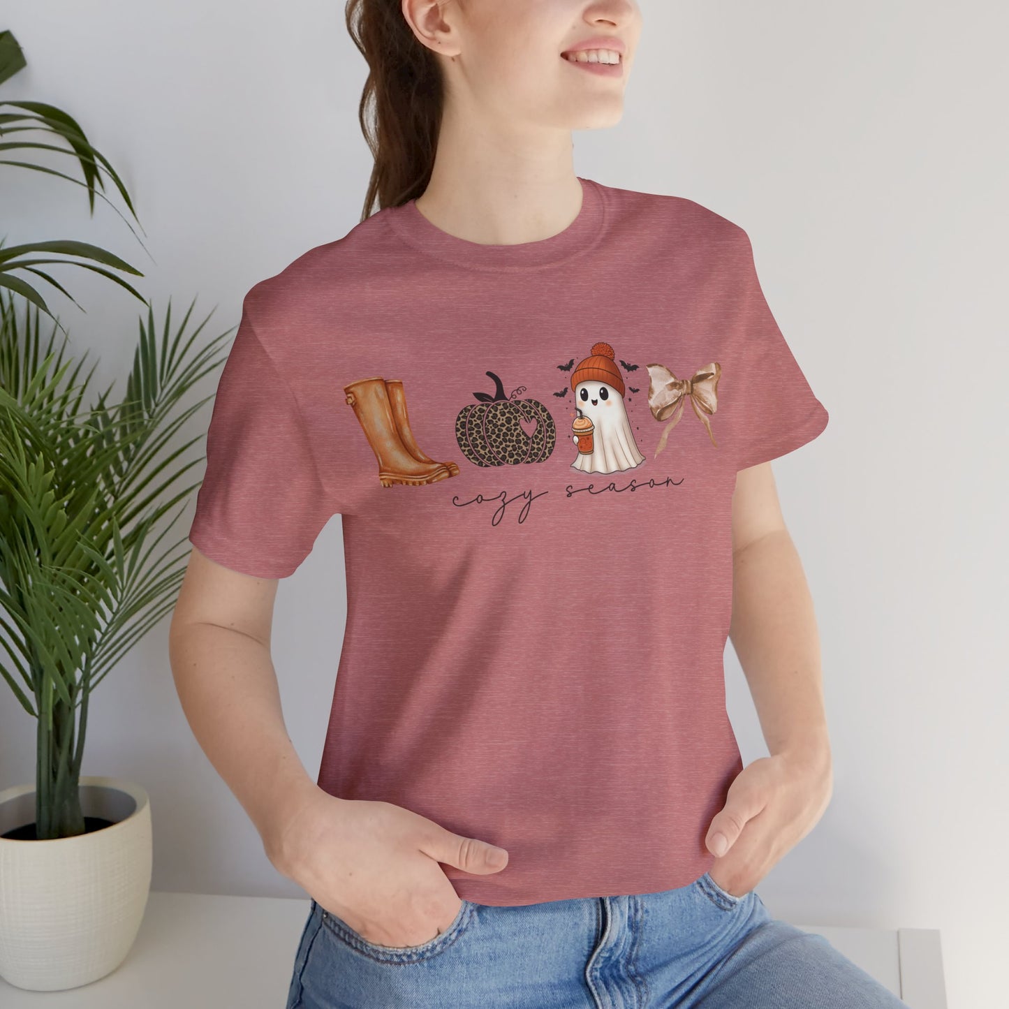 'Cozy Season' Autumn Vibes Tee, Fall Shirt, Cozy Season Top, Pumpkin, Ghost, Boots, Bow, Halloween Casual Wear