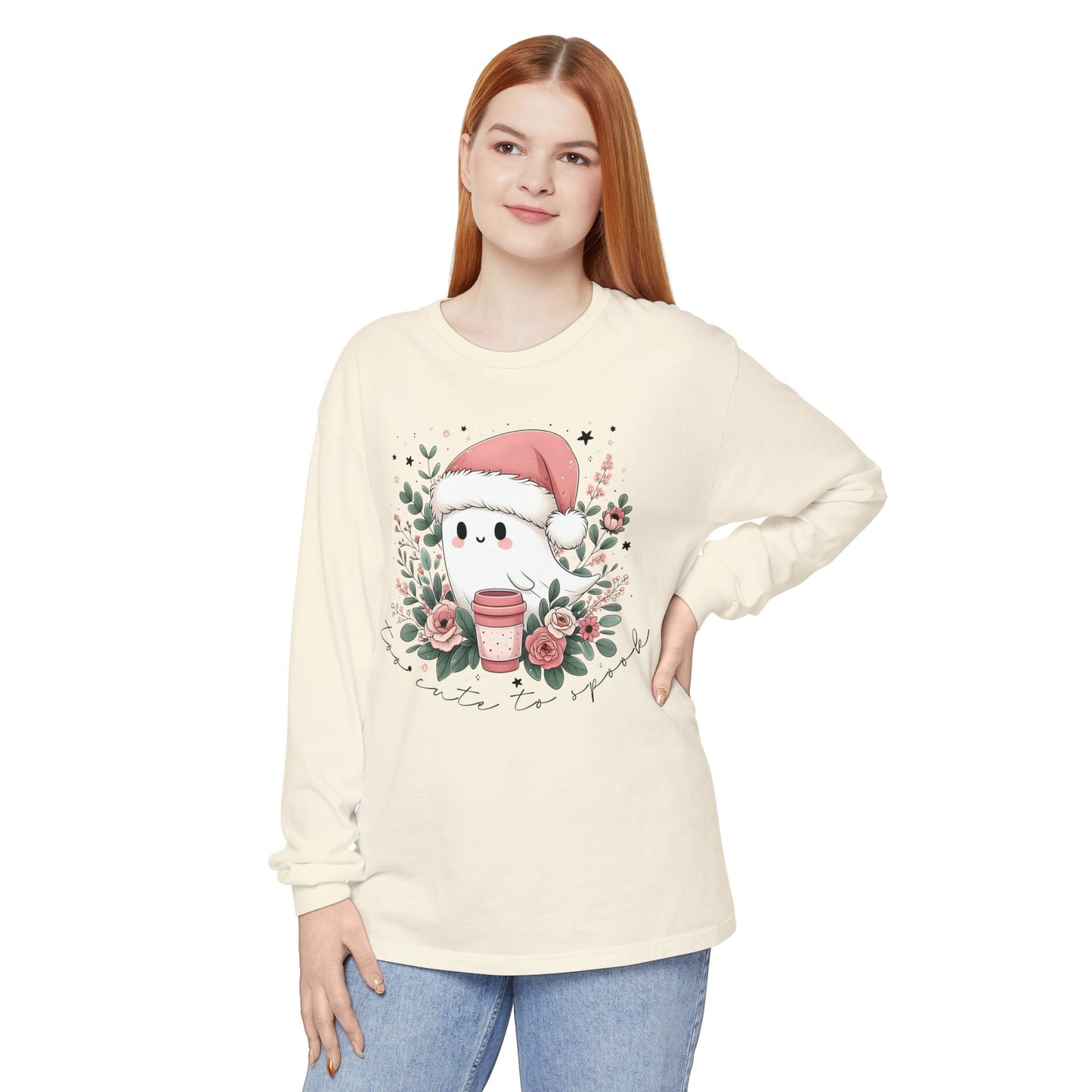 Too Cute to Spook Long Sleeve T-Shirt, Watercolor Ghost with Pink Santa Hat, Coffee & Florals, Pastel Christmas Holiday Apparel
