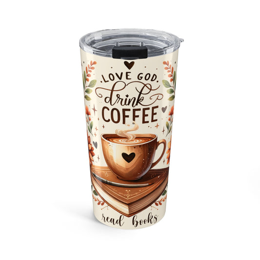 Love God Drink Coffee Read Books Fall/Autumn 20 oz Tumbler, Fall Watercolor Hand-Drawn Travel Cup