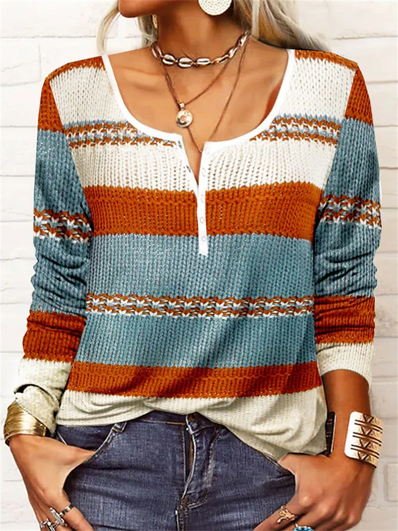 Women's Loose Long Sleeve Geometric Flower Mang U-neck Button T-shirt Women