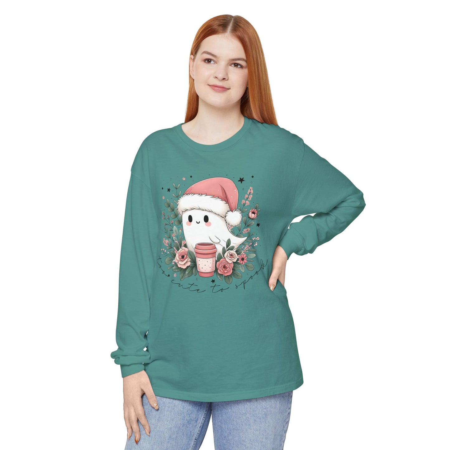 Too Cute to Spook Long Sleeve T-Shirt, Watercolor Ghost with Pink Santa Hat, Coffee & Florals, Pastel Christmas Holiday Apparel