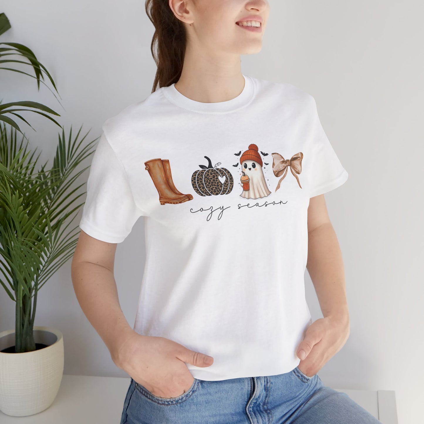 'Cozy Season' Autumn Vibes Tee, Fall Shirt, Cozy Season Top, Pumpkin, Ghost, Boots, Bow, Halloween Casual Wear