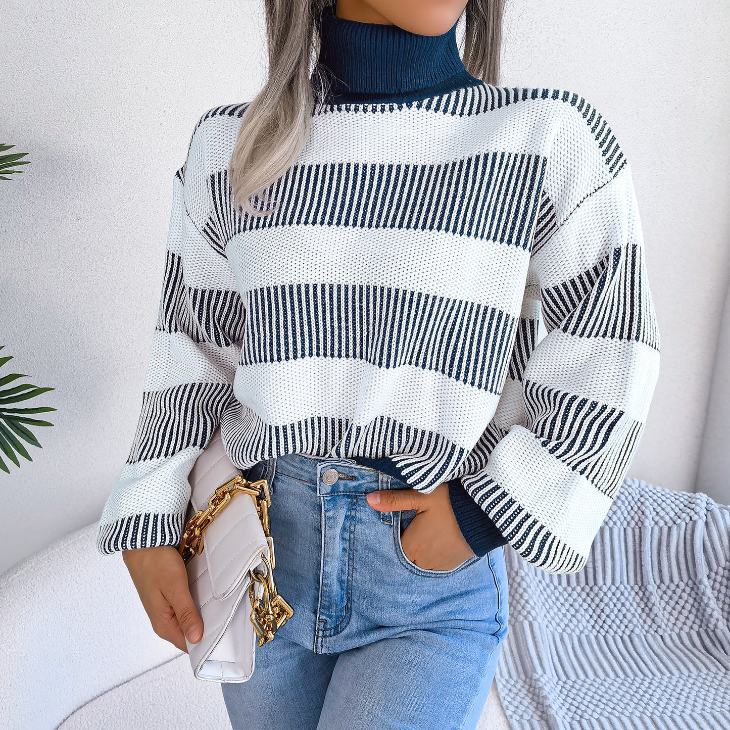 Striped Lantern Sleeve Turtle Neck Sweater