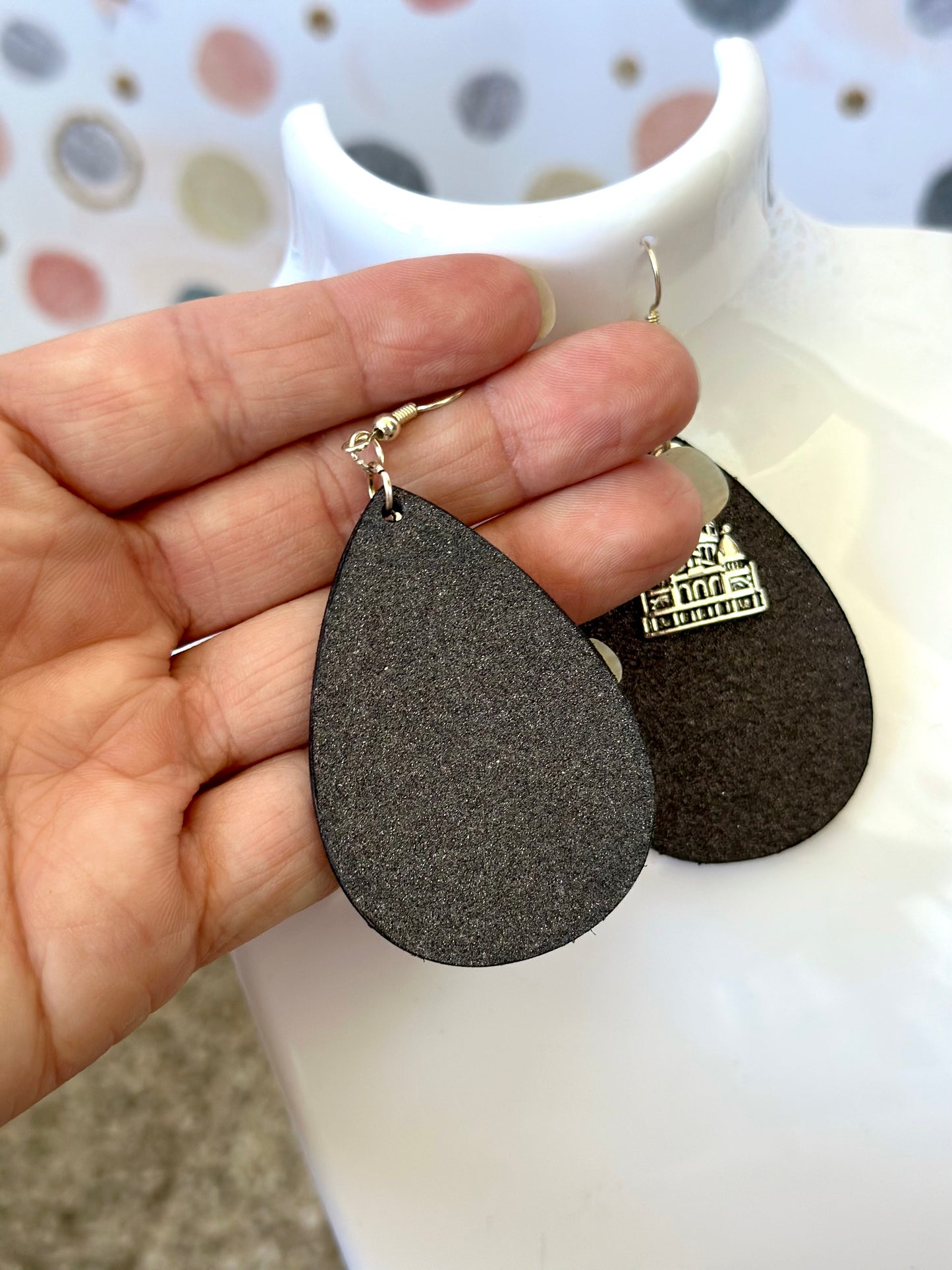 Black Shimmery Teardrop Earrings with Travel Charm