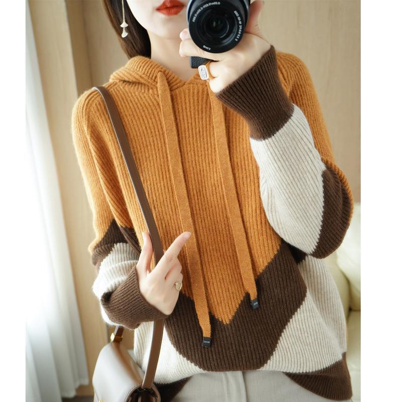 Knitted V-down Color Block Sweater