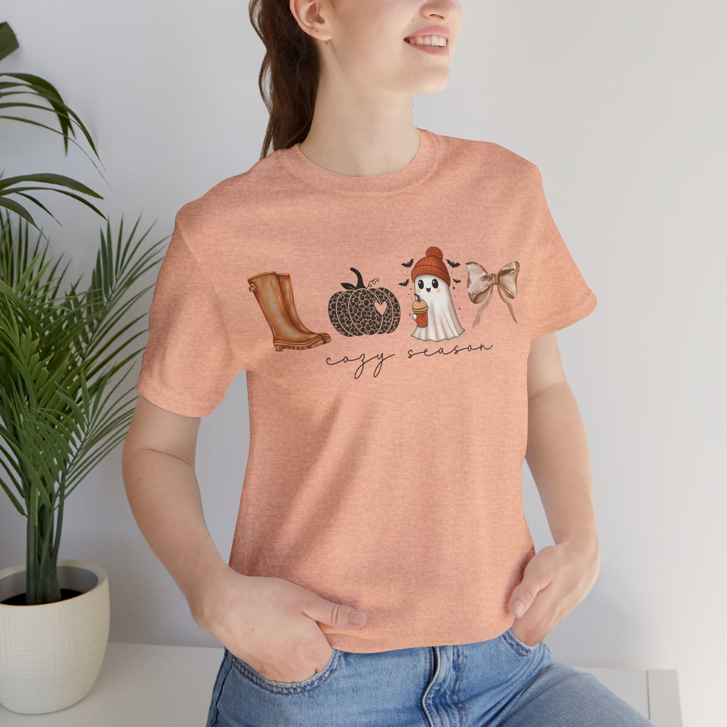 'Cozy Season' Autumn Vibes Tee, Fall Shirt, Cozy Season Top, Pumpkin, Ghost, Boots, Bow, Halloween Casual Wear