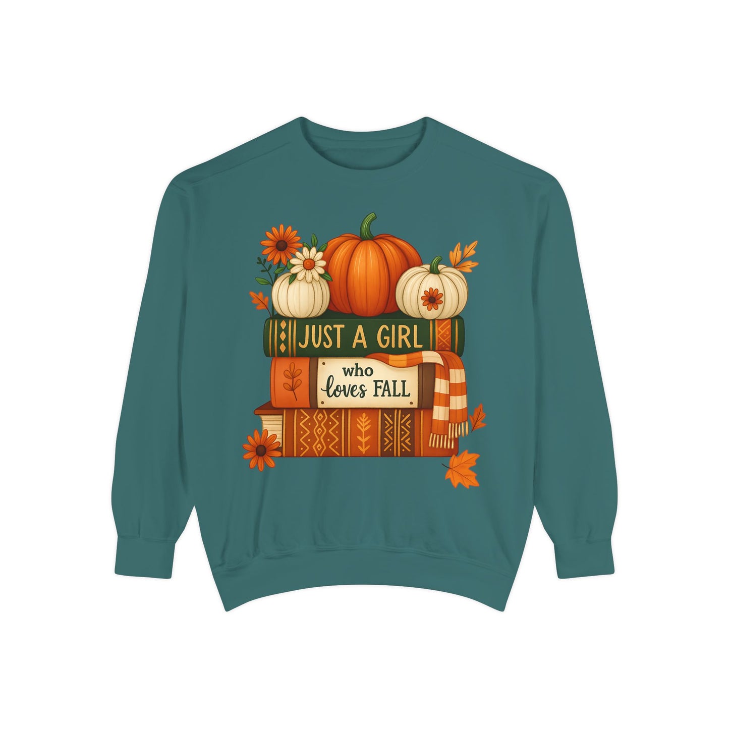 Just A Girl Who Loves Fall Cozy Sweatshirt, Autumn Scene With Books, Pumpkins, and Fall Leaves