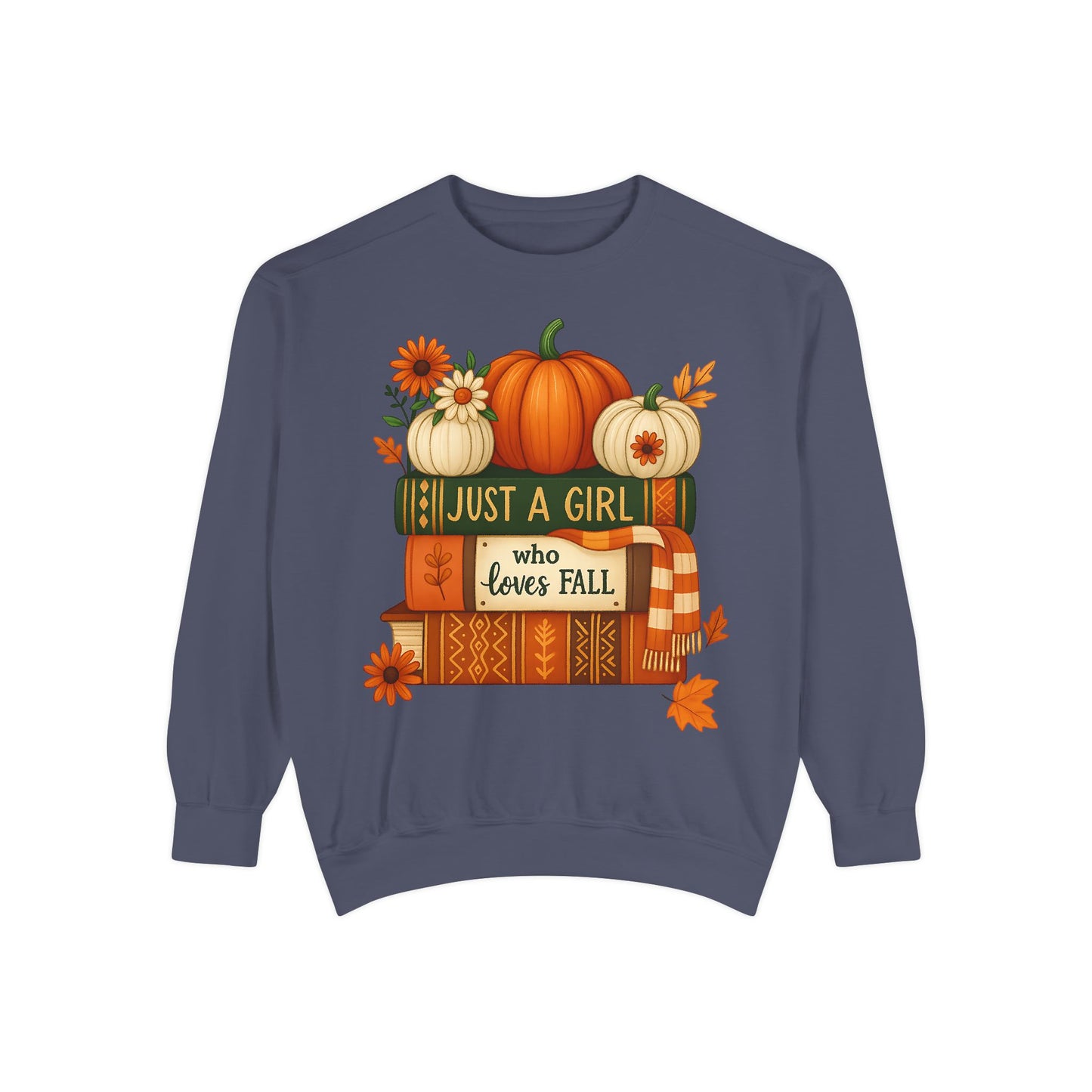 Just A Girl Who Loves Fall Cozy Sweatshirt, Autumn Scene With Books, Pumpkins, and Fall Leaves