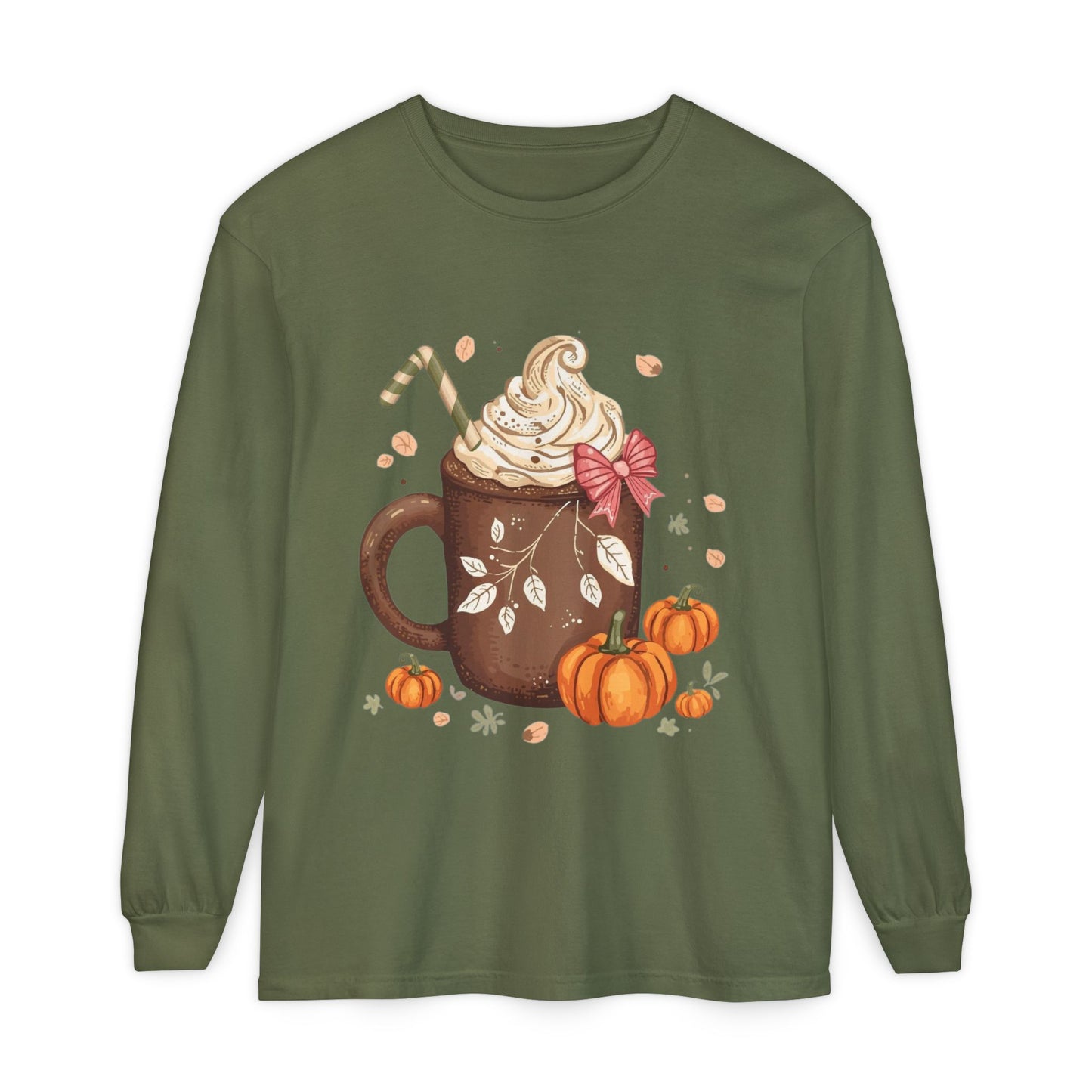 Cute Fall Pumpkin Spice Long Sleeve T-Shirt, Pumpkin Coffee Tee, Autumn Fashion, Cozy Gift for her, Thanksgiving Shirt