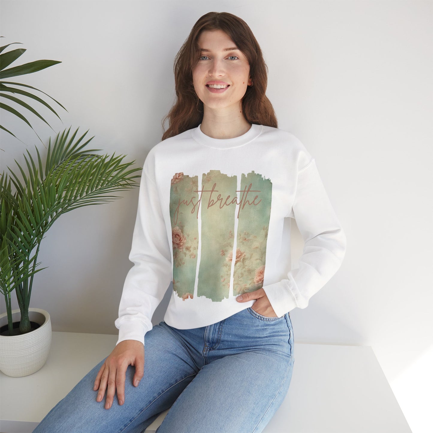 'Just Breathe' With Soft Floral Vertical Trio Background Sweatshirt