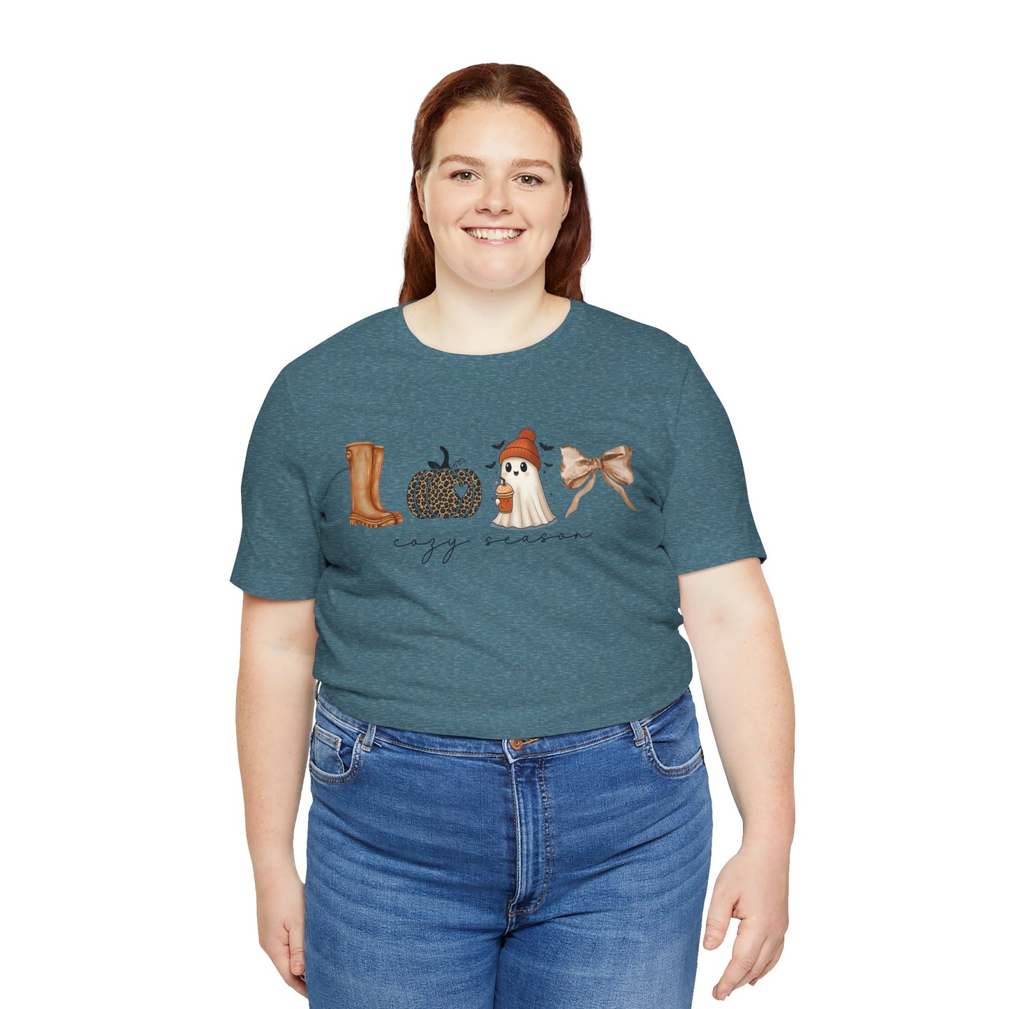 'Cozy Season' Autumn Vibes Tee, Fall Shirt, Cozy Season Top, Pumpkin, Ghost, Boots, Bow, Halloween Casual Wear