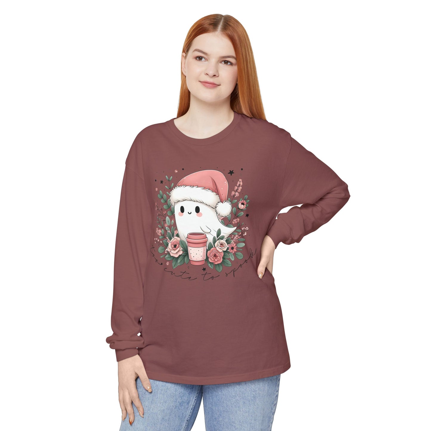 Too Cute to Spook Long Sleeve T-Shirt, Watercolor Ghost with Pink Santa Hat, Coffee & Florals, Pastel Christmas Holiday Apparel