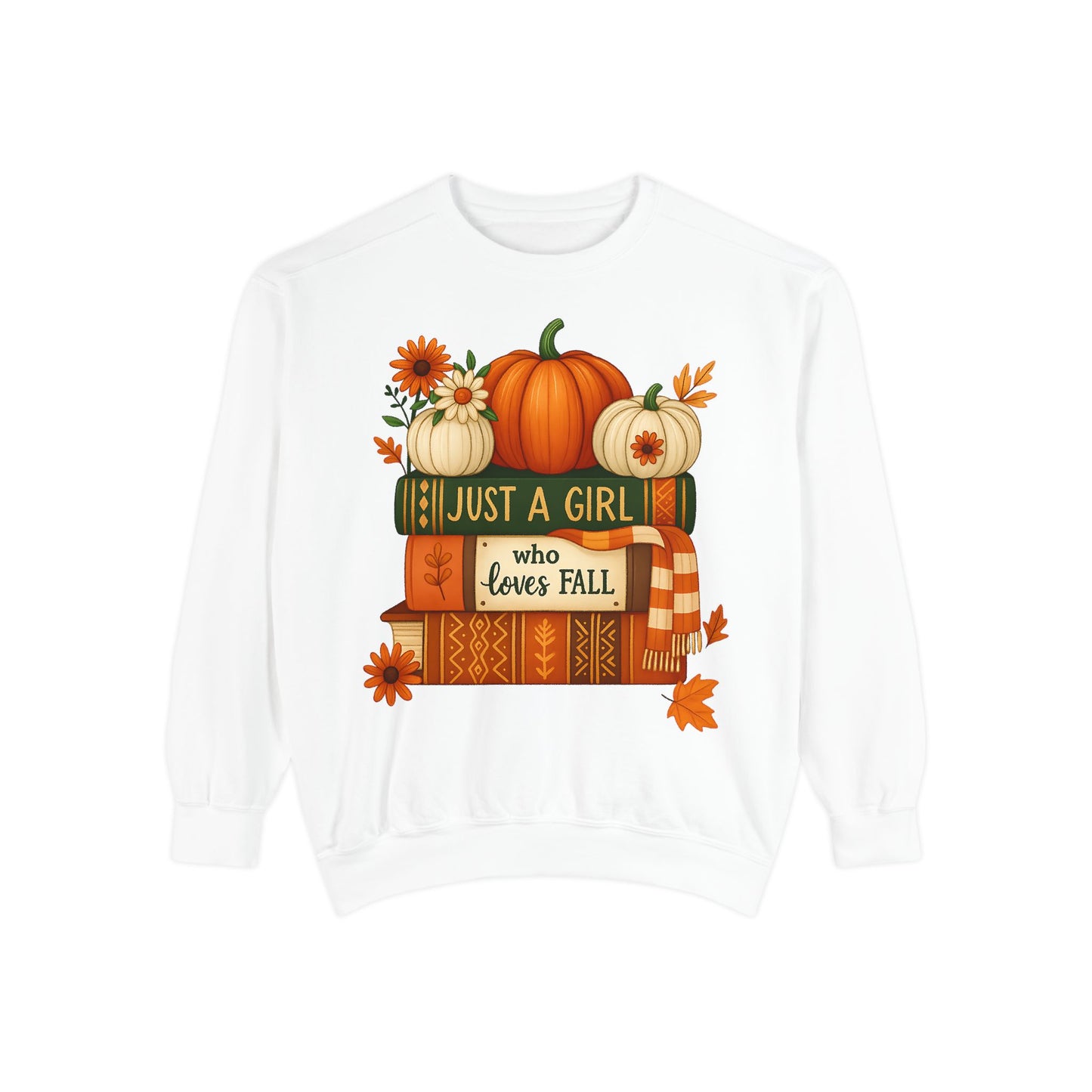 Just A Girl Who Loves Fall Cozy Sweatshirt, Autumn Scene With Books, Pumpkins, and Fall Leaves