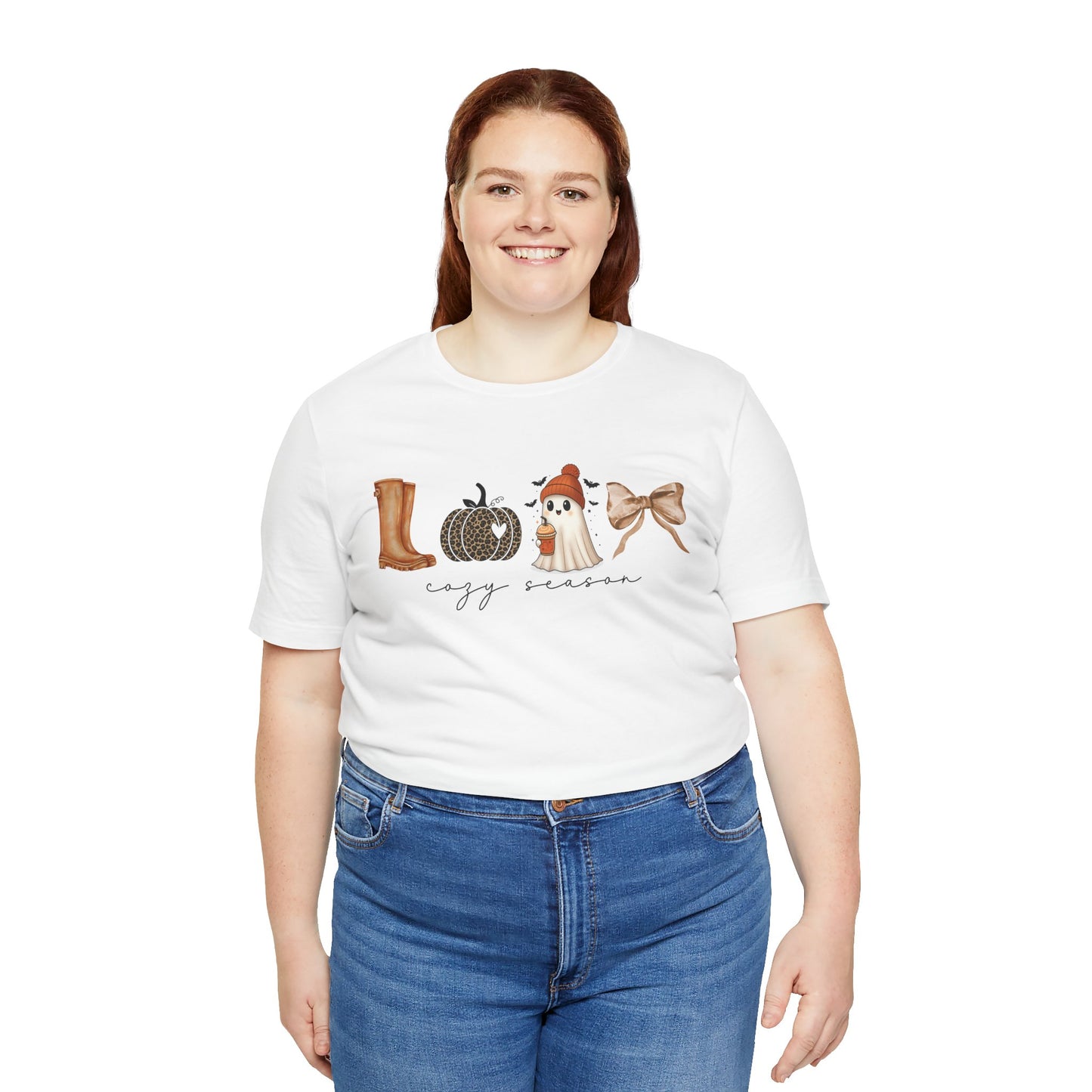 'Cozy Season' Autumn Vibes Tee, Fall Shirt, Cozy Season Top, Pumpkin, Ghost, Boots, Bow, Halloween Casual Wear