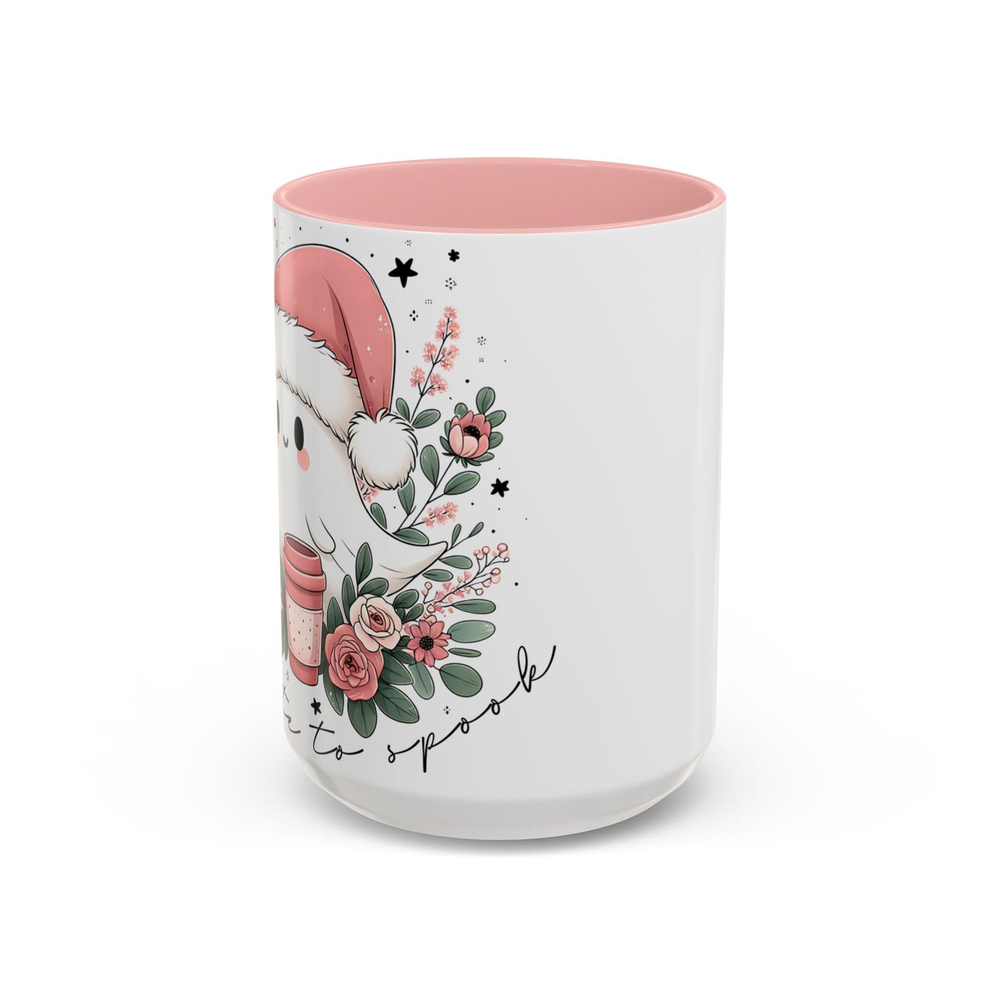 Too Cute to Spook Mug | Ghost with Pink Santa Hat & Coffee | Pastel Christmas Holiday Mug