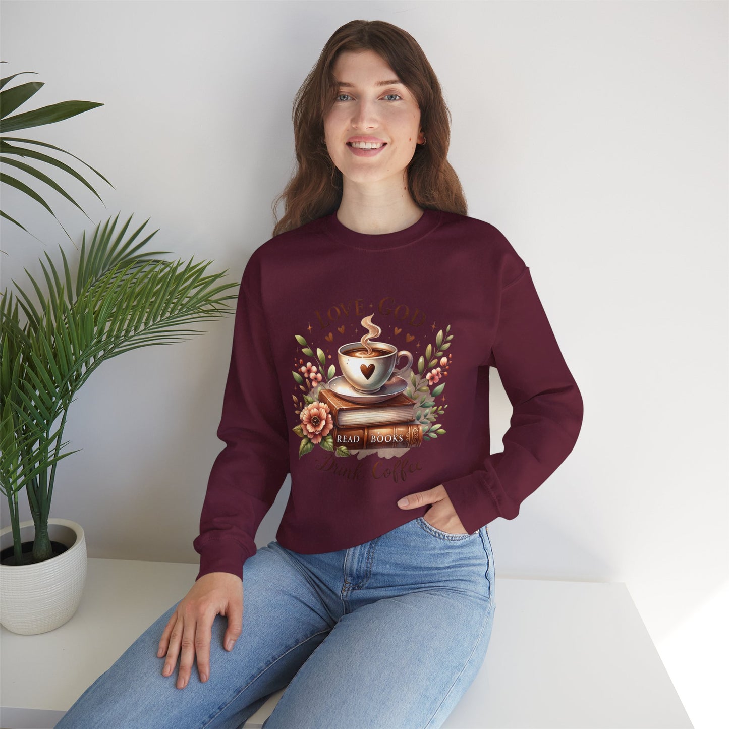 Love God, Read Books, Drink Coffee Sweatshirt, Inspirational Gift for Book Lovers, Perfect for Coffee Lovers, Fall & Winter Fashion