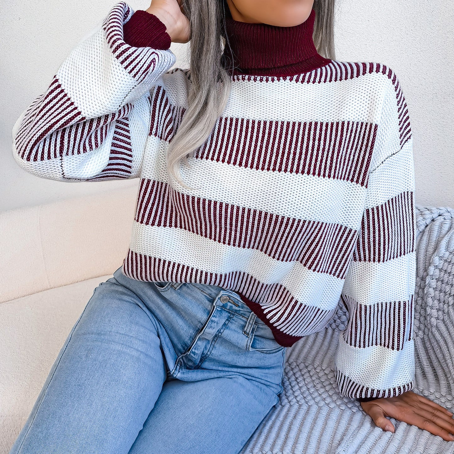 Striped Lantern Sleeve Turtle Neck Sweater