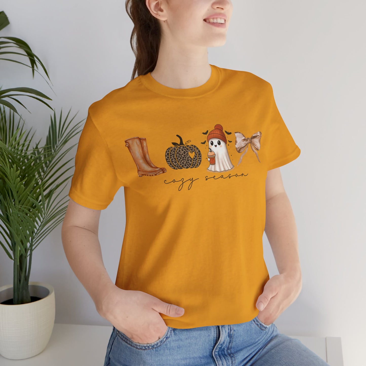 'Cozy Season' Autumn Vibes Tee, Fall Shirt, Cozy Season Top, Pumpkin, Ghost, Boots, Bow, Halloween Casual Wear