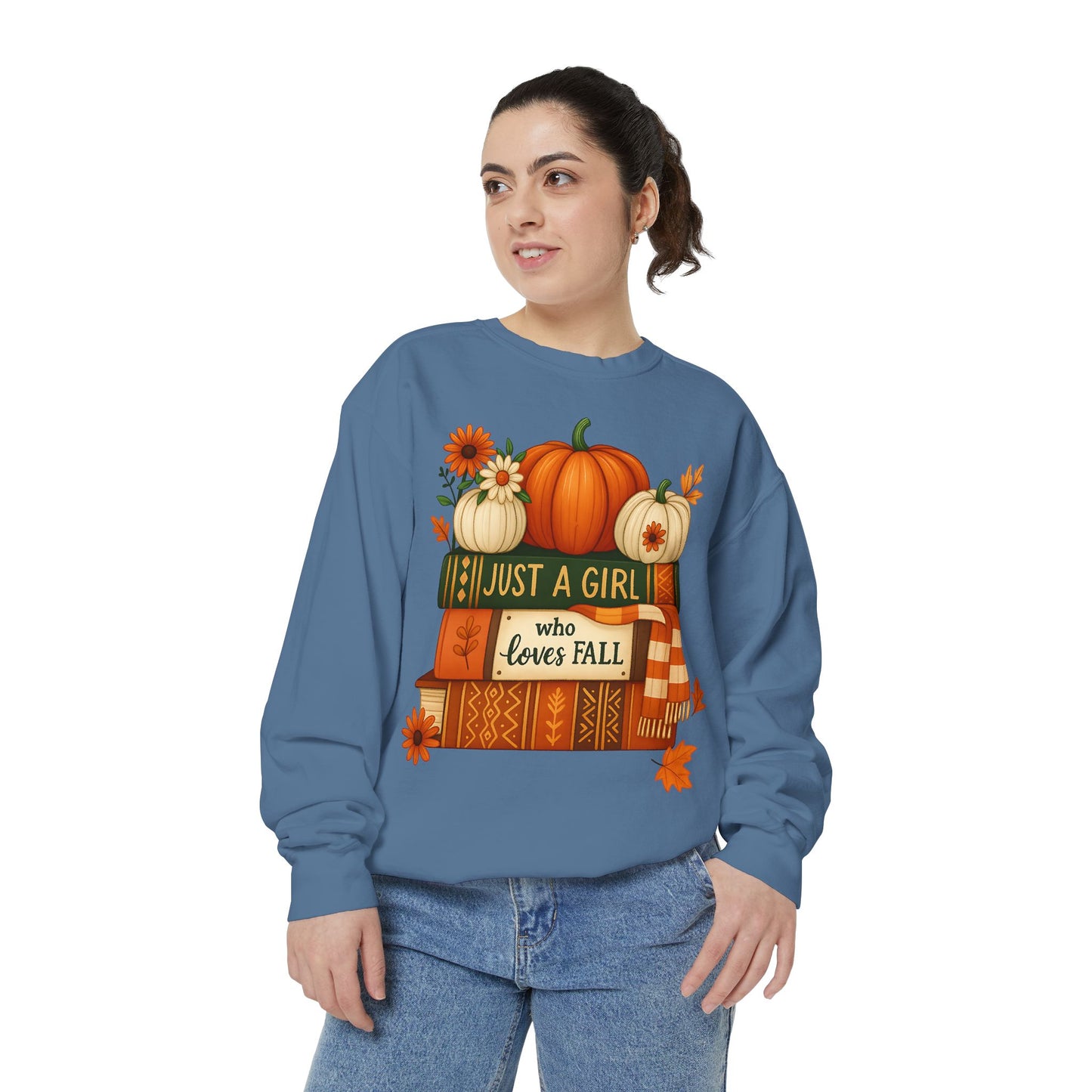 Just A Girl Who Loves Fall Cozy Sweatshirt, Autumn Scene With Books, Pumpkins, and Fall Leaves