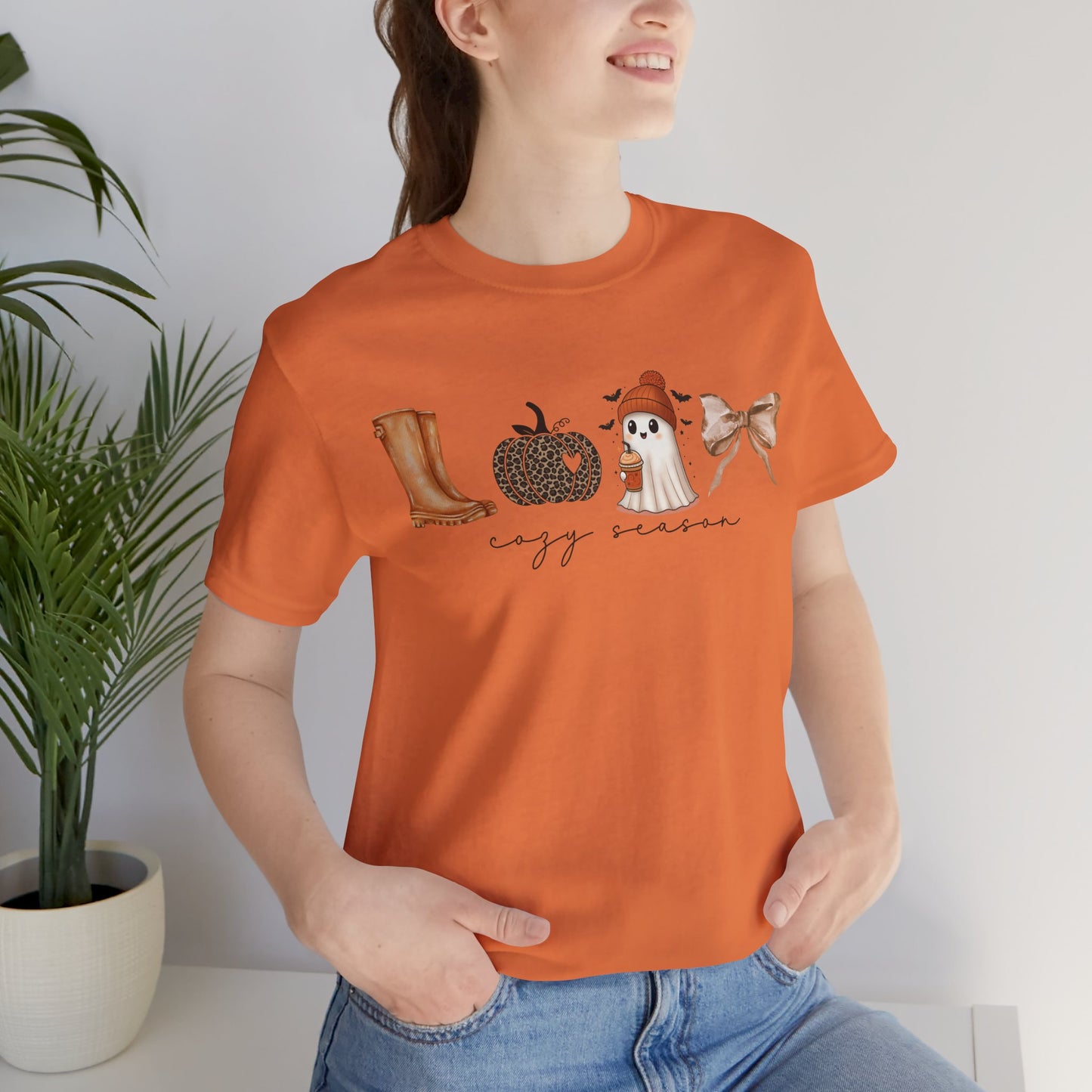 'Cozy Season' Autumn Vibes Tee, Fall Shirt, Cozy Season Top, Pumpkin, Ghost, Boots, Bow, Halloween Casual Wear