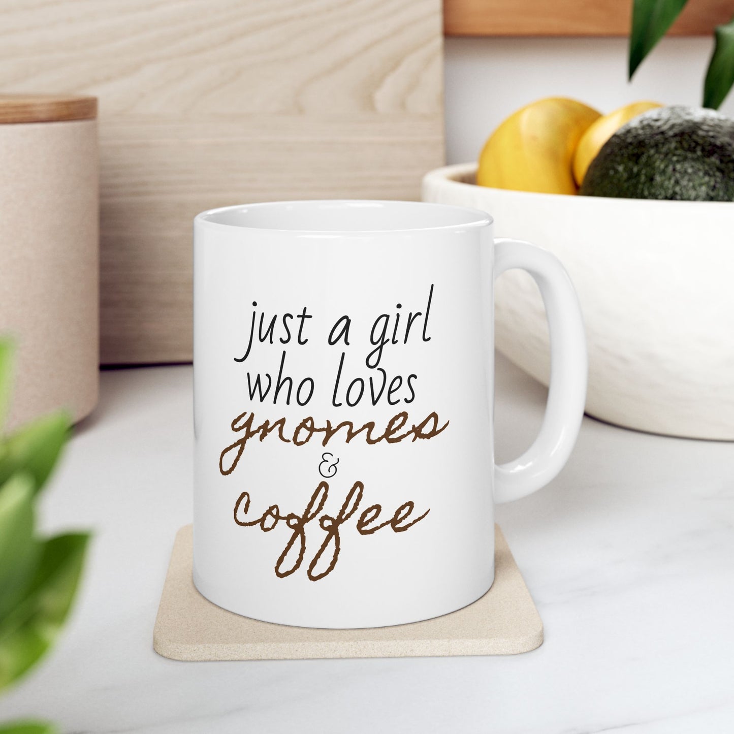 Just a Girl Who Loves Gnomes & Coffee Mug, Fall/Autumn Cozy Drinkware (11oz, 15oz)