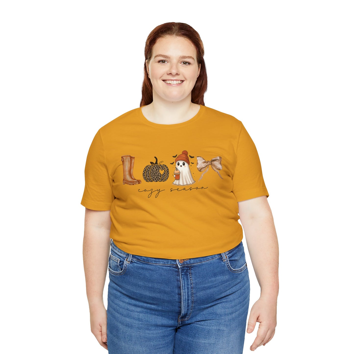 'Cozy Season' Autumn Vibes Tee, Fall Shirt, Cozy Season Top, Pumpkin, Ghost, Boots, Bow, Halloween Casual Wear