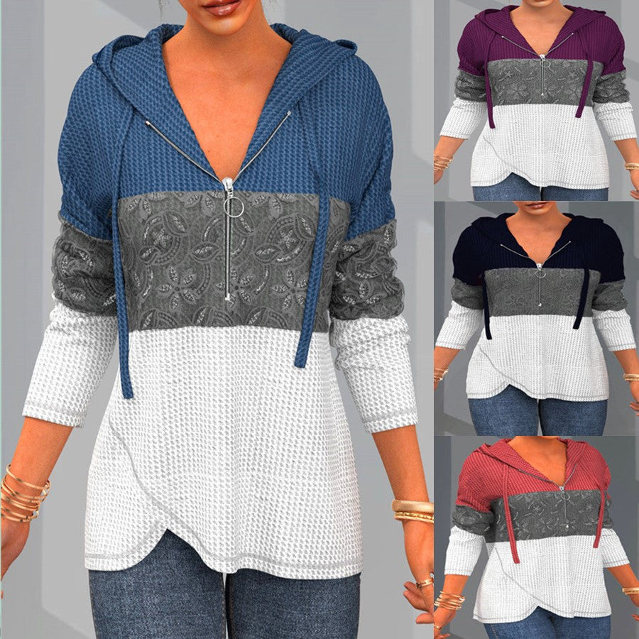 Women's Elegant Color Block With Half Zipper Sweater