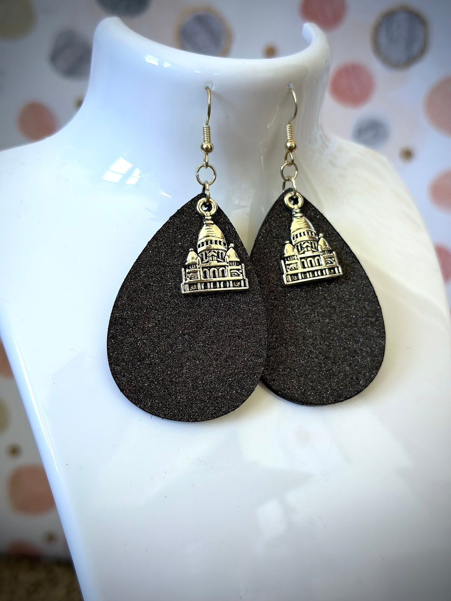 Black Shimmery Teardrop Earrings with Travel Charm