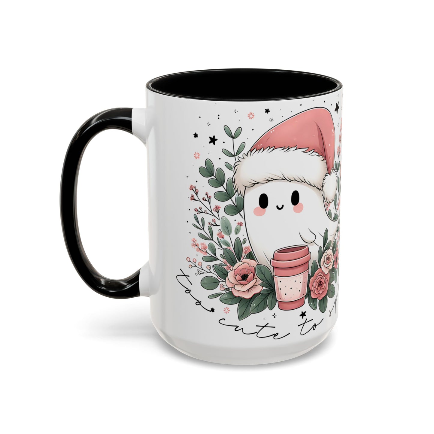 Too Cute to Spook Mug | Ghost with Pink Santa Hat & Coffee | Pastel Christmas Holiday Mug