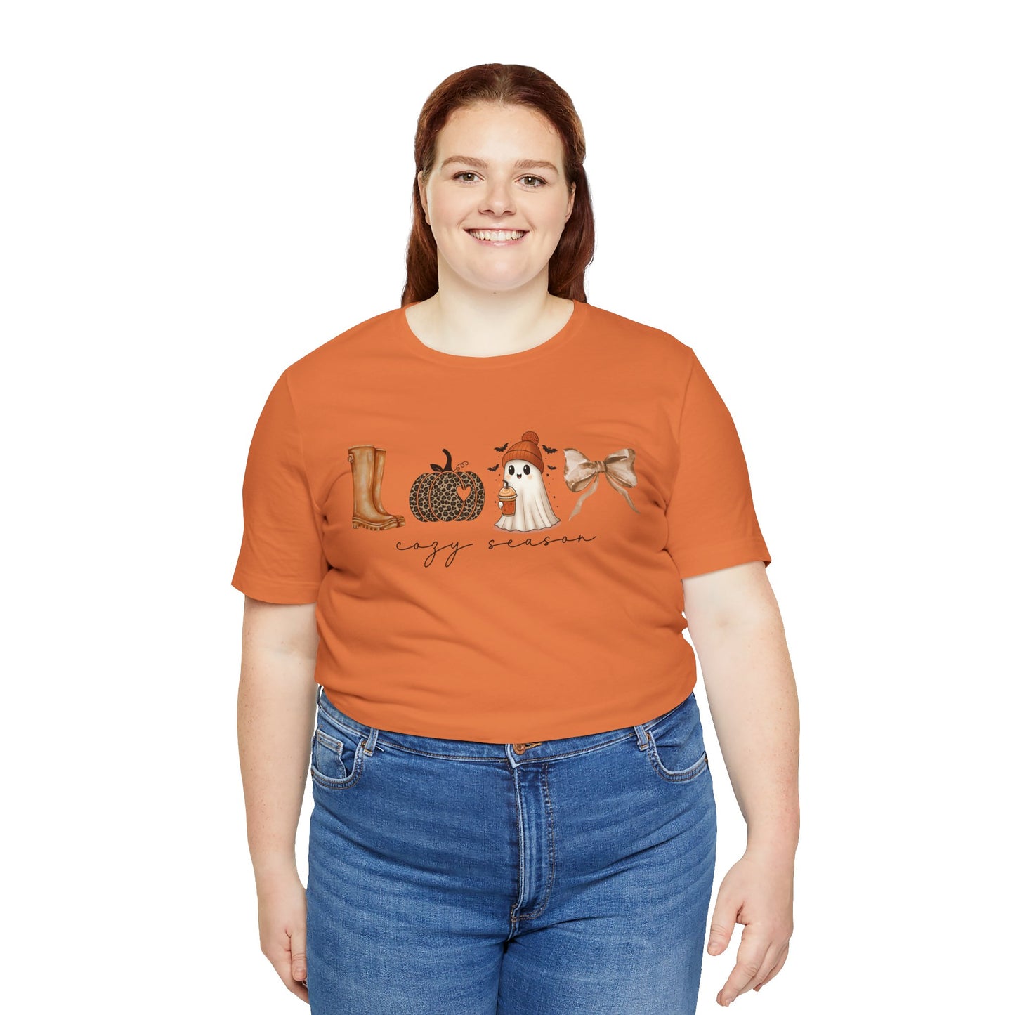 'Cozy Season' Autumn Vibes Tee, Fall Shirt, Cozy Season Top, Pumpkin, Ghost, Boots, Bow, Halloween Casual Wear