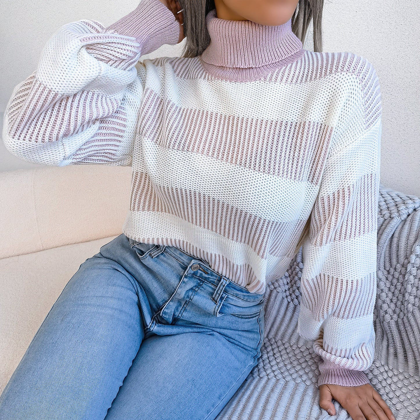 Striped Lantern Sleeve Turtle Neck Sweater