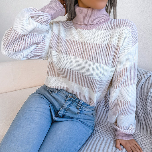 Striped Lantern Sleeve Turtle Neck Sweater