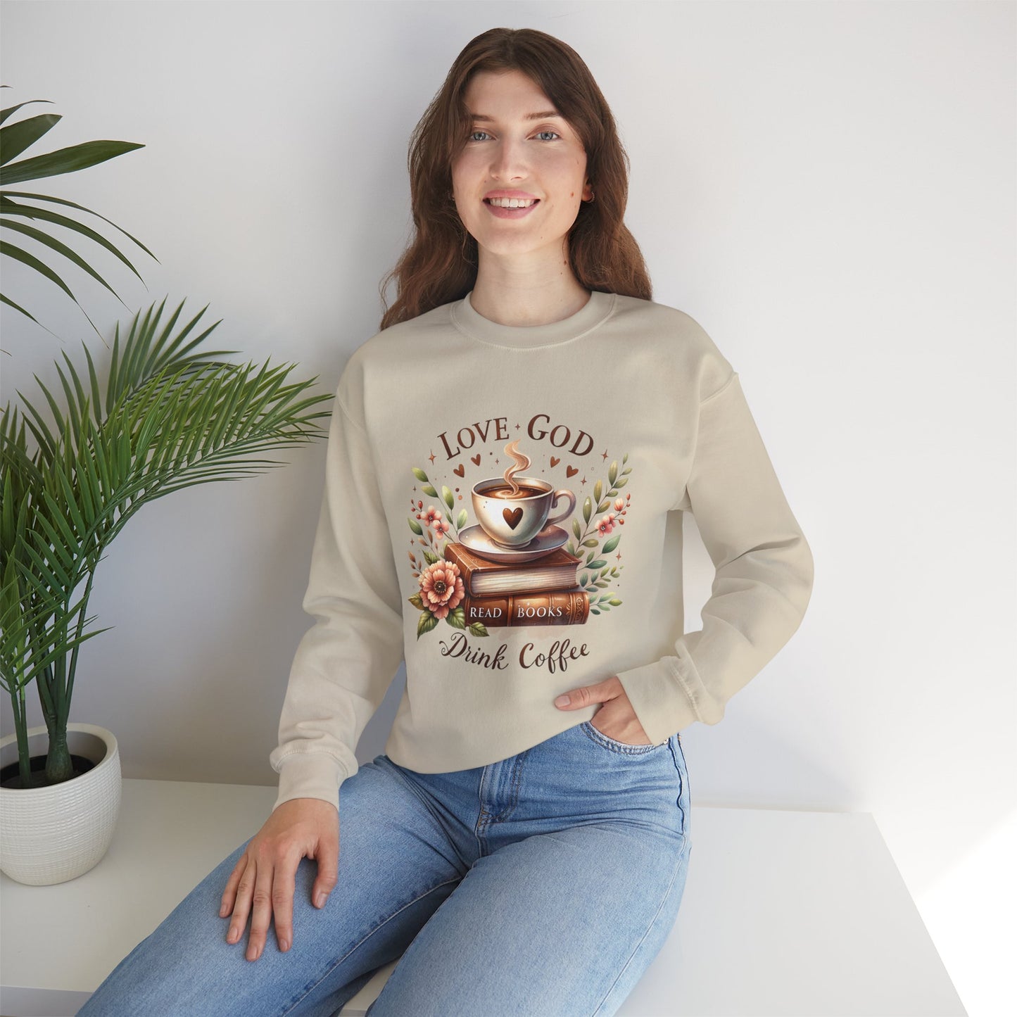 Love God, Read Books, Drink Coffee Sweatshirt, Inspirational Gift for Book Lovers, Perfect for Coffee Lovers, Fall & Winter Fashion