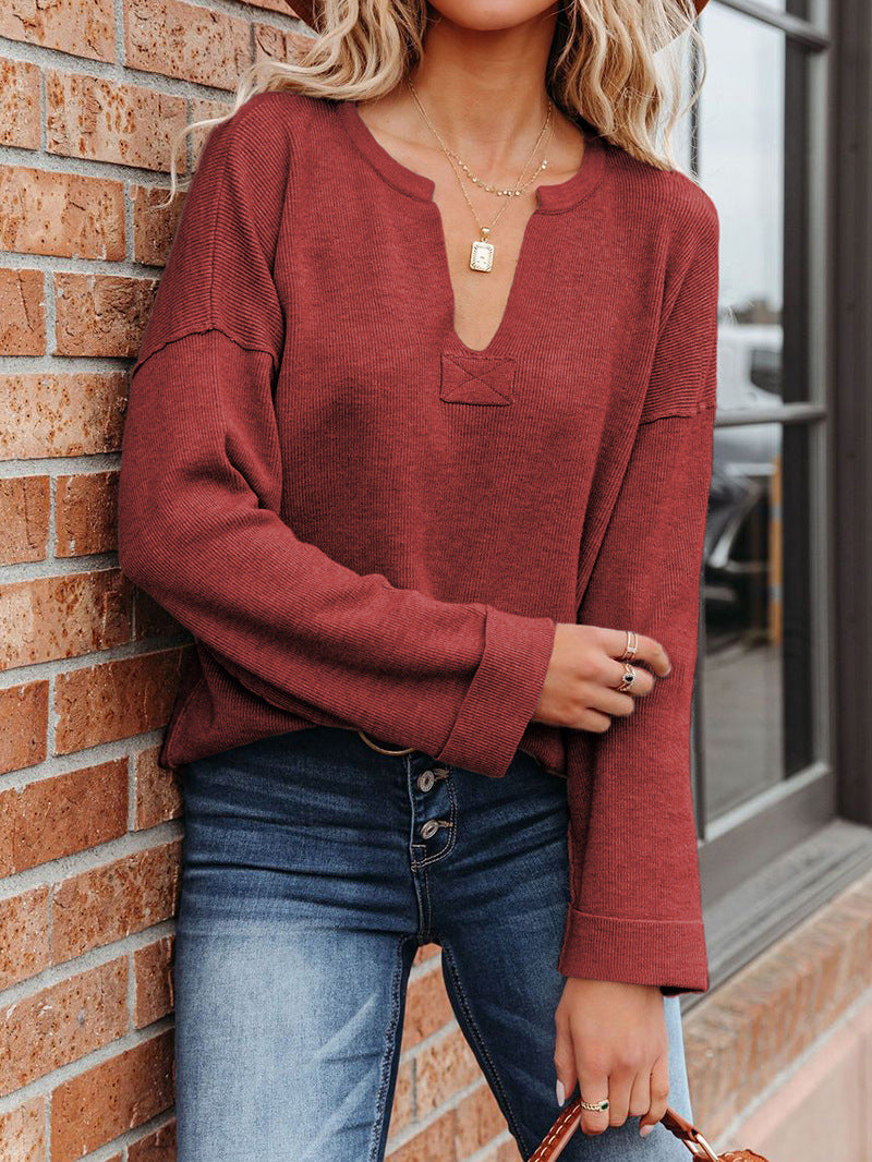 Raw-hem Solid V-neck Sweater
