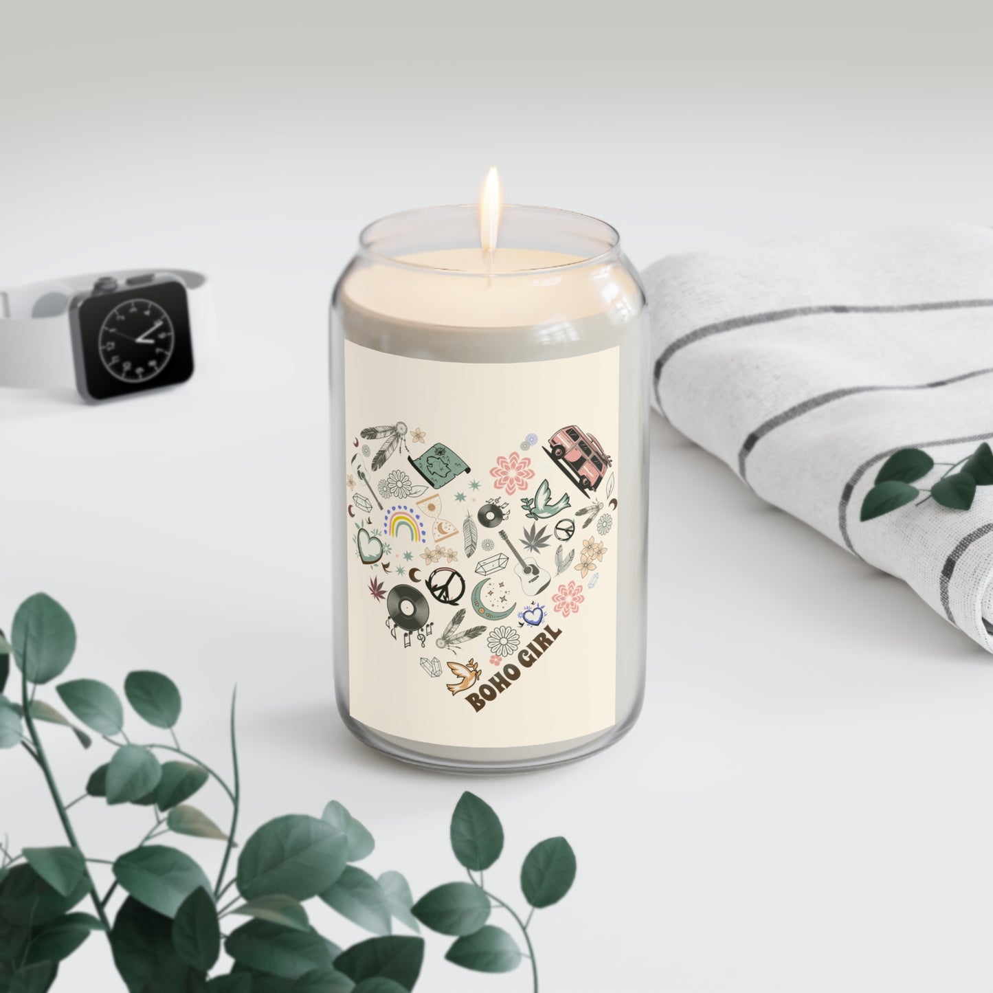 Boho Girl Scented Soy Candle, Cozy Home Decor, Relaxing Gift for Her, Aromatherapy, Eco-Friendly Candle, Gift for Any Occasion, Retro Crystals, Peace Sign & Dreamcatcher Elements