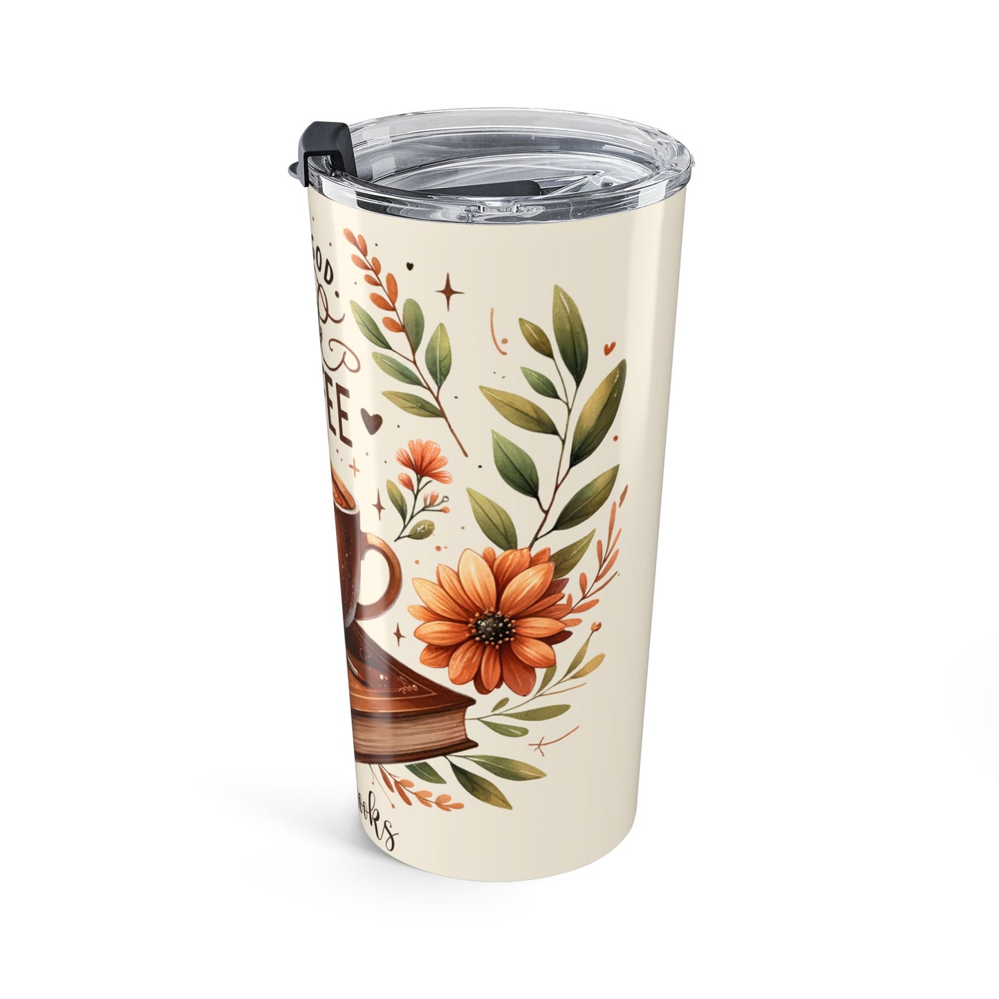Love God Drink Coffee Read Books Fall/Autumn 20 oz Tumbler, Fall Watercolor Hand-Drawn Travel Cup
