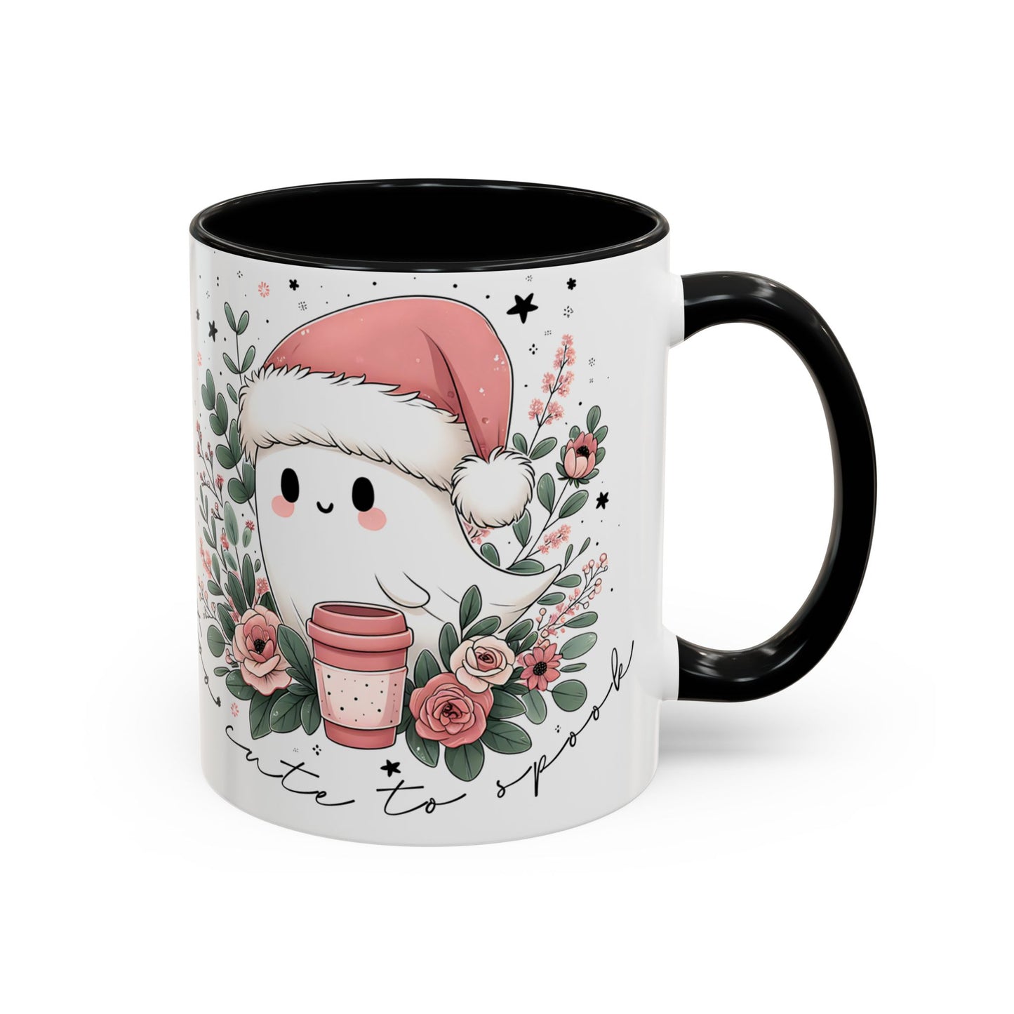 Too Cute to Spook Mug | Ghost with Pink Santa Hat & Coffee | Pastel Christmas Holiday Mug