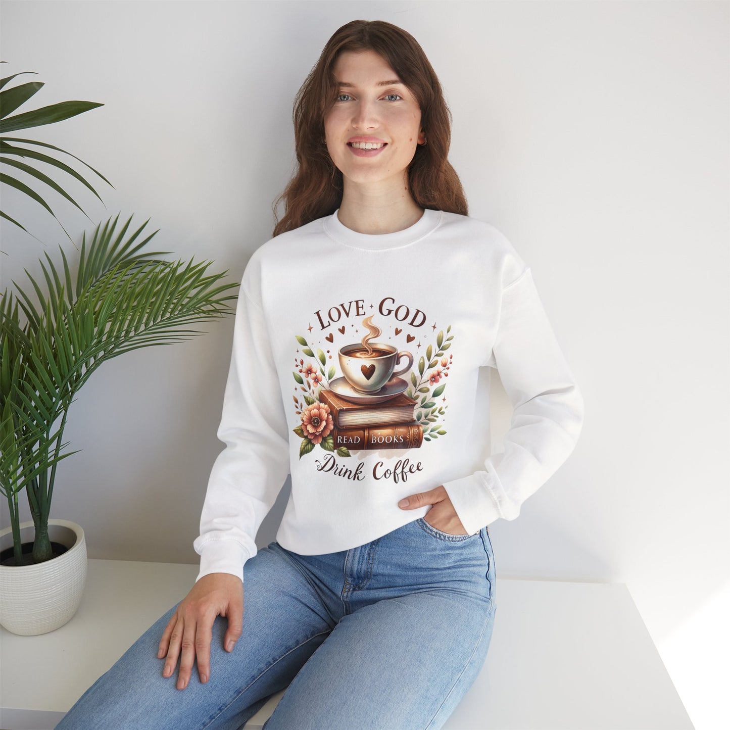 Love God, Read Books, Drink Coffee Sweatshirt, Inspirational Gift for Book Lovers, Perfect for Coffee Lovers, Fall & Winter Fashion