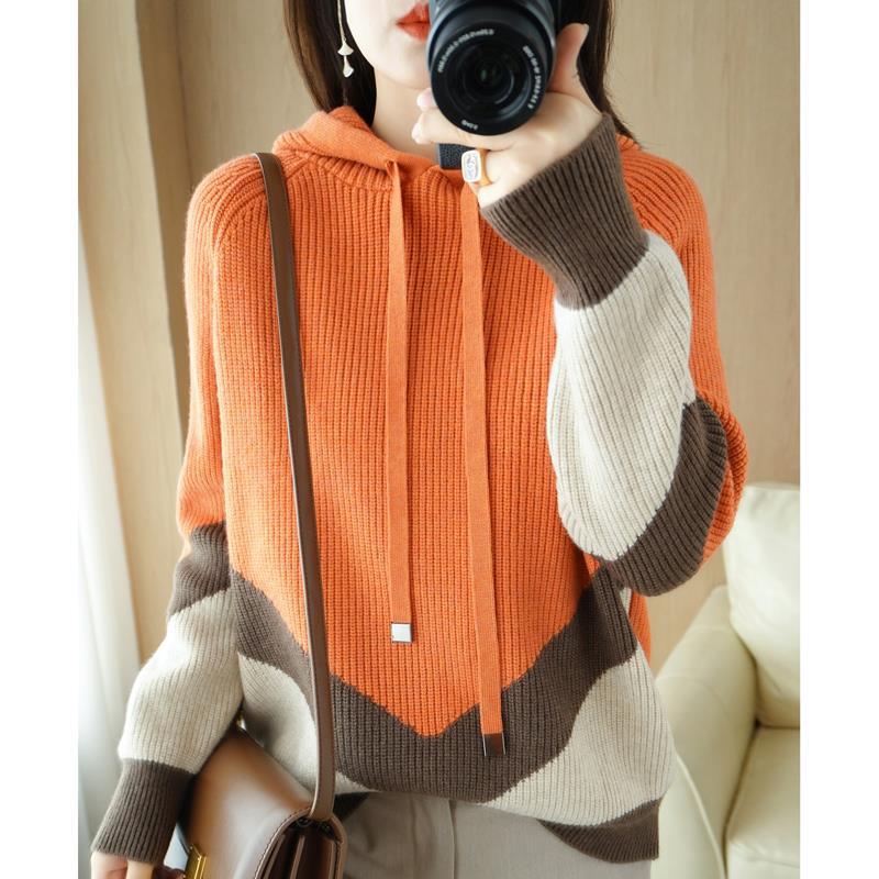 Knitted V-down Color Block Sweater