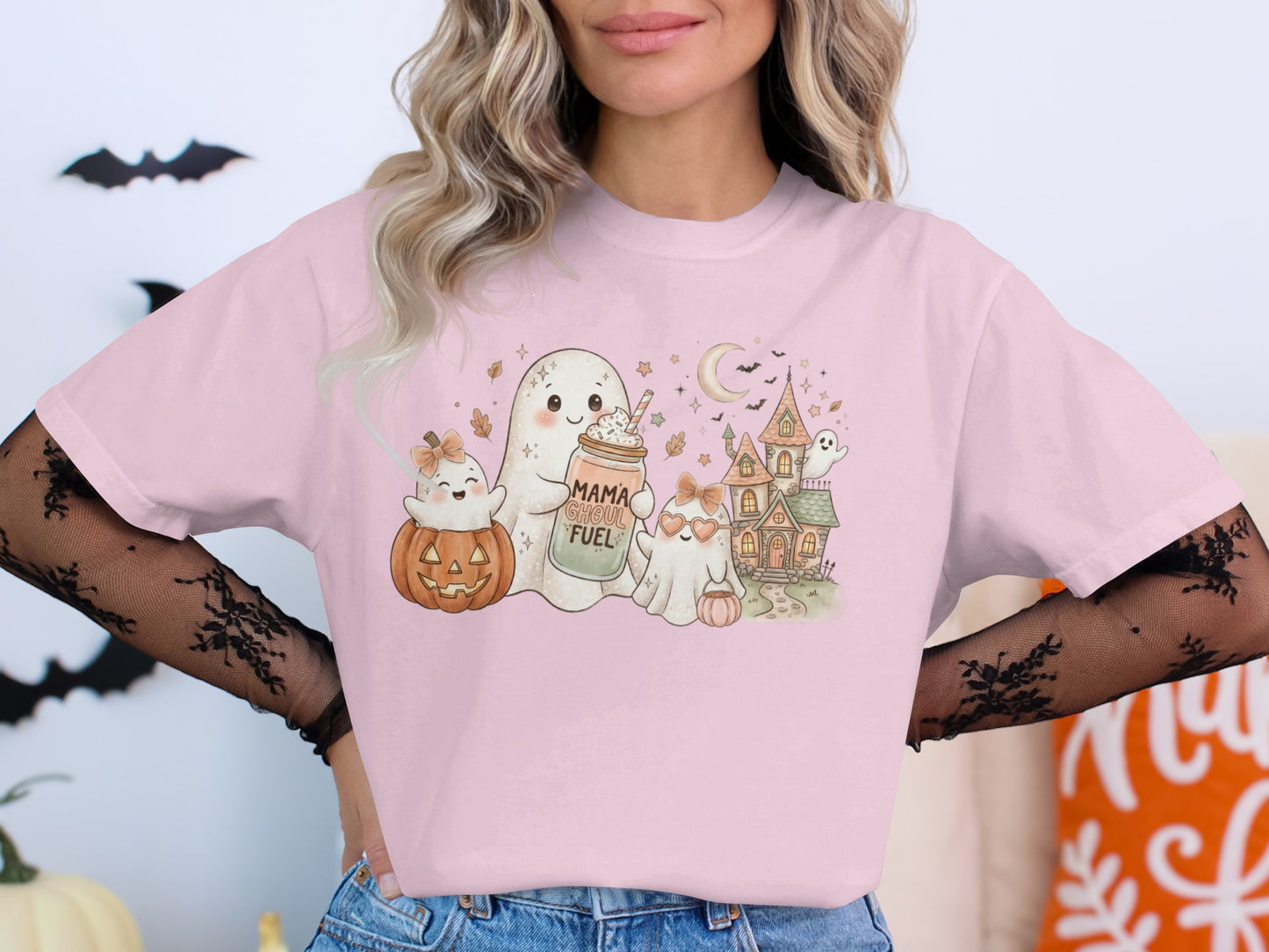 Cute Halloween graphic with ghosts, pumpkin, haunted house, and "Mama Ghoul Fuel" text.