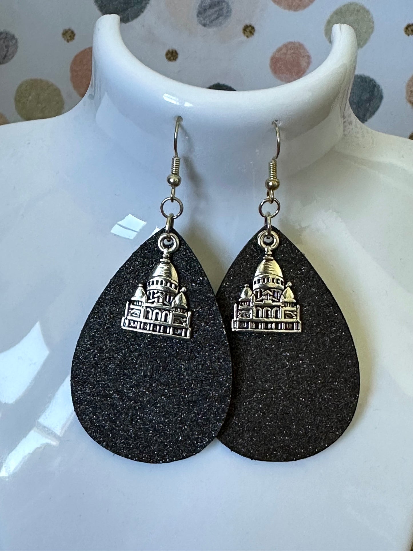 Black Shimmery Teardrop Earrings with Travel Charm